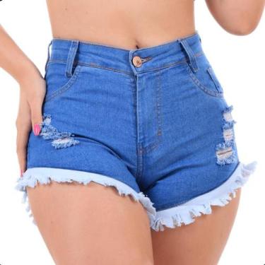 Imagem de Short Jeans Feminino Cintura Alta Com Lycra Barra Desfiada - Rtsa