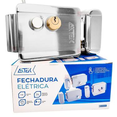 Imagem de Fechadura Eletrica Dupla Com Botao Sobrepor C/ Cilindro Ajustavel P/ Porta De Madeira E Portao Social