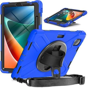 Imagem de QYiiD Capa para Xiaomi Pad 5 / Pad 5 Pro com suporte para caneta 11 polegadas 2021, capa protetora resistente à prova de choque com alça de mão giratória 360, alça de ombro, azul