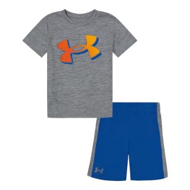 Imagem de Under Armour Conjunto de camiseta e short de manga curta para meninos, leve e respirável, Gradiente de aço/laranja, 4