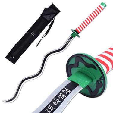 Imagem de Katana de lâmina de bambu, protagonista Katana para fins de cosplay, textura original de anime (madeira Iguro Obanai)