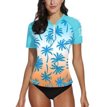 Imagem de BesserBay Camiseta feminina FPS 50+ meio zíper manga curta Tropical Rash Guard, Palmeira | Gradiente, M
