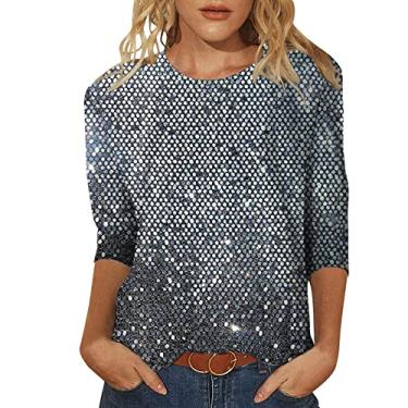 Imagem de Aniywn Blusa feminina estampa floral pulôver camiseta feminina manga 3/4 curta plus size gola redonda túnica top, Z130-prata, P