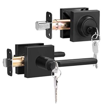 Imagem de HOSOM Conjunto de fechadura de porta de entrada com fechadura de cilindro único, maçaneta quadrada moderna e resistente com fechadura e chaves em ambos os lados, com chave igual, preto fosco