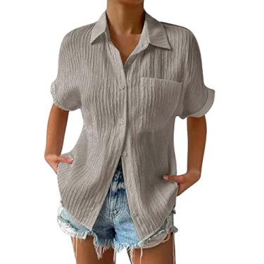 Imagem de Camisa feminina de linho manga curta gola lapela com botão plissado túnica folgada casual business blusa com bolso, Cinza, G