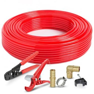 Imagem de Pexflow PXKTOB34500 Kit de iniciante - Tubo de barreira de oxigênio de 9,5 cm, ferramenta de corte, anéis de crimpagem Oetiker, meio grampo, plugue de farpa Pex de acoplamento reto de cotovelo, alça