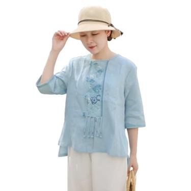 Imagem de LUANLE Blusa feminina estilo étnico chinês gola redonda meia manga linho camisa bordado pesado, Wathet, G