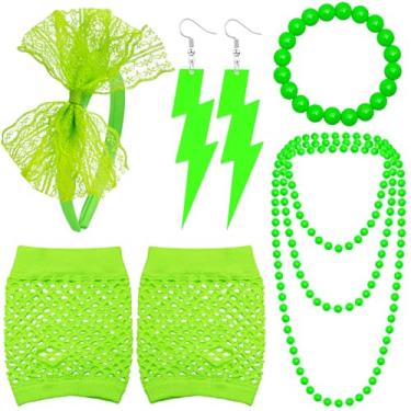 Imagem de Ronglry Acessórios de néon anos 80 para mulheres, faixa de cabeça de renda dos anos 80, brincos de neon, luvas arrastão e colar, pulseira para roupa dos anos 80, acessórios de festa, conjunto de joias
