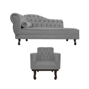 Imagem de Kit Diva Recamier Juliana 120cm Lado Direito e 1 Poltrona Classic Suede Cinza - Amarena Móveis