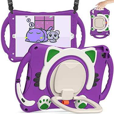 Imagem de BATYUE Capa robusta para iPad de 10,2 polegadas 8ª/7ª geração (2020/2019)/iPad Air 10,5 2019/iPad Pro 10,5 2017 com suporte giratório/porta-lápis/alça de transporte, capa de gato fofo para crianças meninos e meninas (roxo)