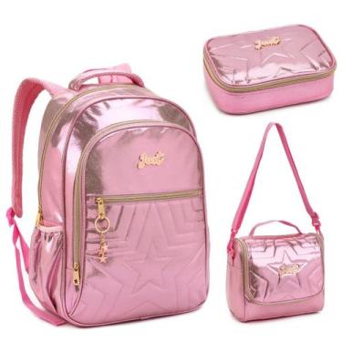 Imagem de Kit Mochila Juvenil Feminino Escolar Metalizado Fashion - Denlex, Rosa