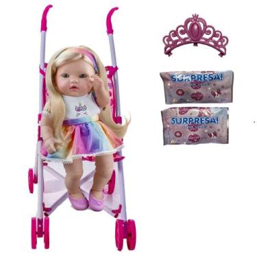 Imagem de Boneca Bebê Reborn Menina Unicórnio 36cm + Carrinho Rosa - Roma