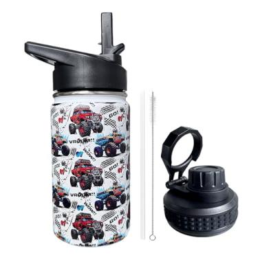 Imagem de Garrafa de água infantil Monster Truck para escola com tampa de palha, garrafa de água isolada de aço inoxidável de 340 g para meninos e meninas, tampa à prova de vazamento com alça e bico sem toque