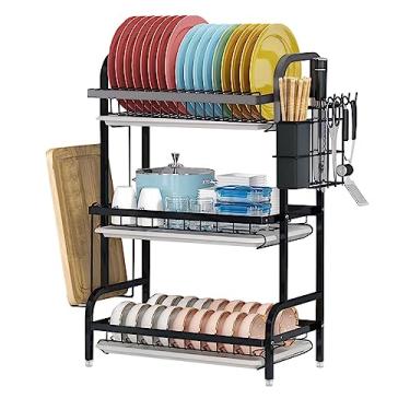 Imagem de Uand home Escorredor de pratos de 3 níveis, escorredor de pratos de grande capacidade, aço carbono com drenagem, suporte de utensílios e tábua de corte para bancada