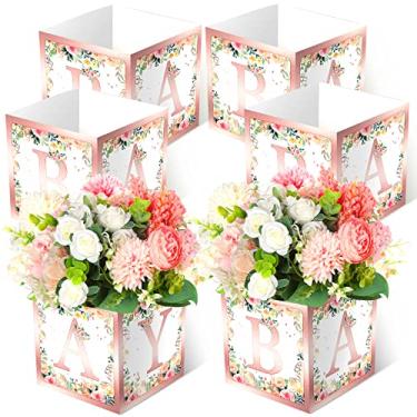 Imagem de Bucherry 6 peças decorações de festa de chá de bebê caixas de flores de bebê centro de mesa rústica exibição de mesa com letras revelação de gênero suporte de bloco de lembrancinha de festa (rosa,