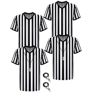 Imagem de Pacote com 4 camisa de árbitro de futebol listrada preta e branca com apito camisa oficial de árbitro amarelo fantasia masculina árbitro de futebol camisa de árbitro de futebol (listrada, adultos pequena)