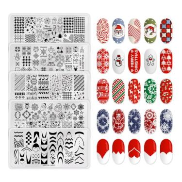 Imagem de Conjunto de pratos de estampagem de unhas de Natal, floco de neve, boneco de neve, árvore de Natal, Papai Noel, 5 peças de modelos de carimbos de arte de unhas