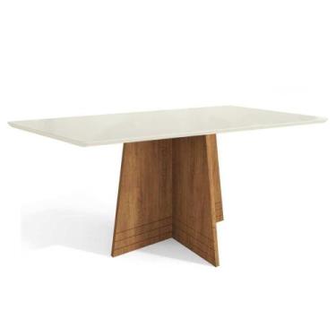 Imagem de Mesa p/ Cozinha Lótus c/ Tampo Madeirado c/ Vidro 80x120cm Freijó/Off 
