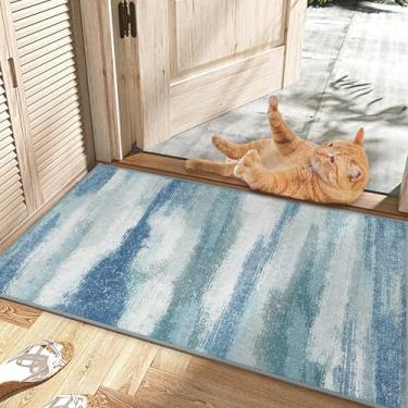Imagem de Tapete de porta Nafall 2x3 interior azul moderno abstrato lavável tapete de cozinha, tapete de entrada antiderrapante para quarto, lavanderia, decoração de casa