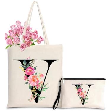 Imagem de Sacola de lona inicial para mulheres, sacolas personalizadas com monograma com bolsa de presente de maquiagem para casamento, damas de honra, aniversário, Letter_v, One Size