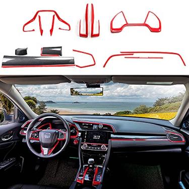 Imagem de Rifoda Para Honda 10ª Geração Civic 2016 2017 2018 2019 2020 ABS Tampa do painel central de fibra de carbono e caixa de engrenagens e acabamentos de volante 15 peças vermelho