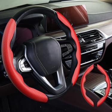 Imagem de WOCOCN 2 peças de capa de volante de carro, protetor de volante de fibra de carbono antiderrapante para homens e mulheres, várias opções de cores, universal para a maioria dos acessórios de interiores