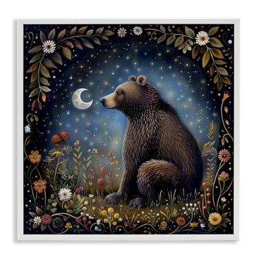 Imagem de Stupell Industries Woodland Bear Night Forest Framed Giclee Wall Art Design by The Dutch Lady, moldura branca, 12 x 12