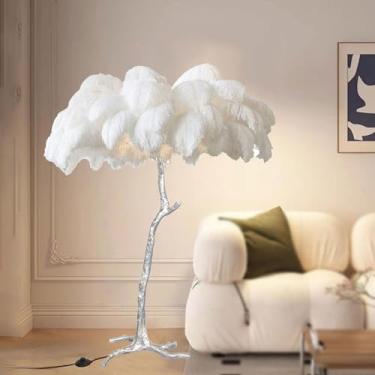 Imagem de Luminária de chão de penas de avestruz natural moderna, luminária de pé simples para sala de estar e quarto, lâmpada de quarto de menina romântica regulável, corpo de luz prata