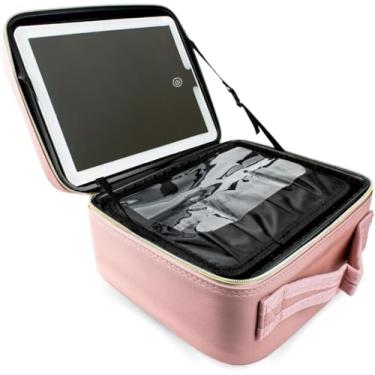 Imagem de Maleta Bolsa Make Acessórios Espelho LED Porta Pincel Rosa