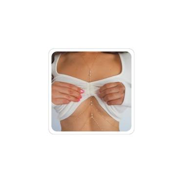 Imagem de Correntes corporais estampadas em ouro 14K para mulheres verão praia férias corpo corrente sexy corrente de barriga corrente em camadas strass cruzado biquíni sutiã joia corporal, Adjustable, Strass,