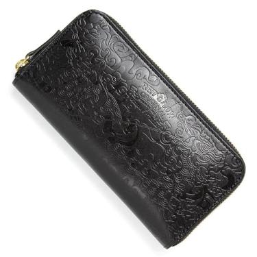Imagem de Carteira longa masculina Red Glow RG-004, feita no Japão, couro Tochigi, couro legítimo, zíper redondo, dragão em relevo, padrão japonês, Preto, Carteira longa de couro