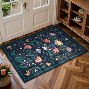 Imagem de Lahome Boho Floral 2x3 Tapetes de Cozinha Azul Escuro para Entrada, Tapete de Porta Pequeno Entrada Interior, Lavável na Máquina, Macio, Antiderrapante, Tapete para Banheiro, Lavandaria (Azul Escuro,