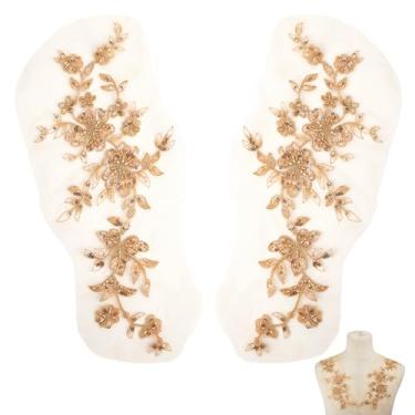 Imagem de HOBBIESAY 2 pares de apliques de renda de flor dourada, costurados, tecido de flor, colarinho, lantejoulas, renda, apliques florais para artesanato, vestido de noiva, jeans, decoração de roupas