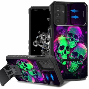 Imagem de ACWDMKH Capa para celular Galaxy A16 5G, capa para Samsung Galaxy A16 5G com suporte e protetor de câmera deslizante capa de camada dupla resistente à prova de choque, caveira verde roxa