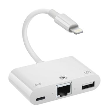 Imagem de Enbiawit Adaptador de rede Lightning para RJ45 Ethernet, com porta de carregamento e porta USB compatível com pen drive/teclado/mouse/came, Plug and Play, suporta rede Ethernet de 100 Mbps