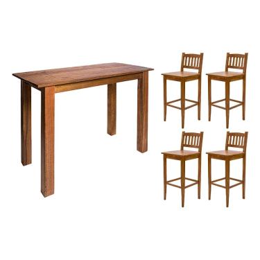 Imagem de Aparador de Apoio 1,30m para Bar Rústico Decorativo com 4 Banquetas Bh em Madeira Maciça - Natural