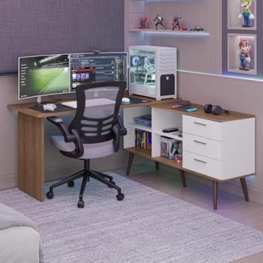 Imagem de Mesa para Computador Gamer em L 3 Gavetas Branco/rustic Lisboa Madesa