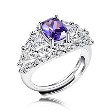 Imagem de Uloveido Anel de Ametista Simulada Oval CZ Cristal Roxo Anel de compromisso de casamento ajustável Y1824, Metal, Zircônia cúbica