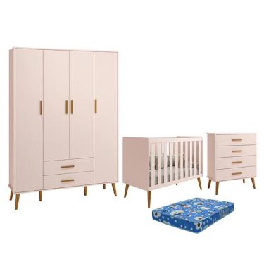 Imagem de Dormitório Infantil Isis Guarda Roupa 4 Portas, Cômoda e Berço com Colchão - Reller Móveis Rosa