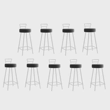 Imagem de Kit 09 Banqueta Alta Com Encosto Tina Eiffel Cozinha Bar Bistrô Ferro Branco Corino Cinza - Ahazzo Móveis