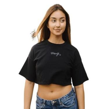 Imagem de Camiseta Feminina T-shirt Cropped Aplique Assinatura Manga Curta Oversized Confortavel Streetwear Pr-Feminino
