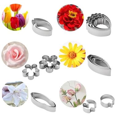 Imagem de MrCookie Conjunto de 16 cortadores de pétalas de fondant de flor de bolo, molde de aço inoxidável para decoração de bolos de fondant, inclui lírio, gerbera, rosa, eony, eony, flor e tulipa.