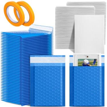 Imagem de Engrowtic O conjunto de 302 peças de protetor de envio de cartões inclui 200 inserções de plástico pré-cortadas para cartões, 100 envelopes acolchoados com bolhas de poliéster e 2 fitas adesivas (azul