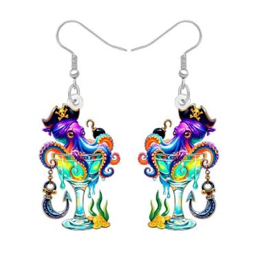 Imagem de DALANE Brincos de polvo pirata engraçados de acrílico, animais marinhos fofos com taça de vidro, acessórios de joias, presentes de polvo, presentes para mulheres, amantes de praia, pingentes de férias