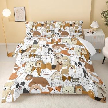 Imagem de QOOMO Conjunto de cama de cachorro fofo, animais de desenho animado, tamanho casal, adequado para meninas e meninos, preto, para decorar um quarto, 1 edredom com 2 fronhas