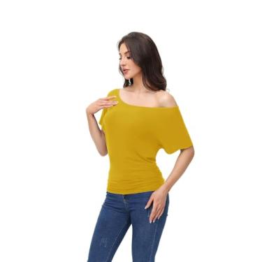 Imagem de Camisetas femininas grandes franzidas casuais Dolman manga curta gola canoa verão ombro de fora regular plus size, Mostarda, P