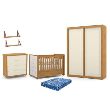 Imagem de Dormitório Tutto 2 Portas, Cômoda, Berço com Capitonê, Colchão Physical e Prateleiras - Matic Móveis Freijó/Off White