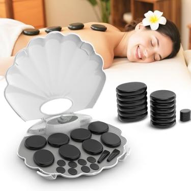 Imagem de StateRiver Conjunto de massagem Shell Hot Stones, 18 peças de pedras quentes de basalto com kit de aquecedor, com um design elegante de concha para uso no spa. Perfeito para relaxamento, cura e alívio