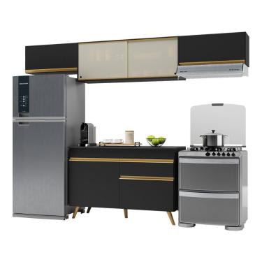 Imagem de Cozinha Compacta Veneza 6 Portas 1 Gaveta MDF 260cm Preto Dourado com Tampo e Pés Retrô