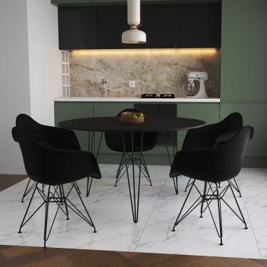 Imagem de Mesa Jantar Redonda 110Cm Preta Clips 3 Pés Com 5 Poltronas Pretas Ferro Preto Marrom